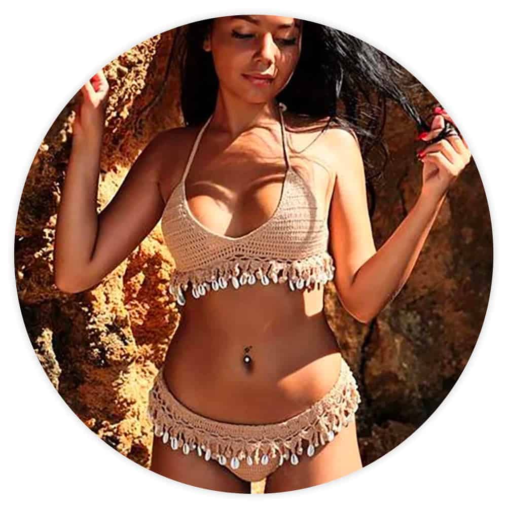 Baddräkt Dam Bikini Med Snäckor Brasilianskt Virkat I Beige