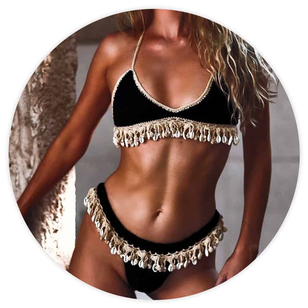 Baddräkt Dam Bikini Med Snäckor Brasilianskt Virkat I Svart