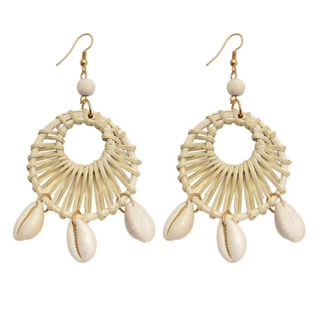 Örhängen Snäckor Cowrie Och Vävd Halm