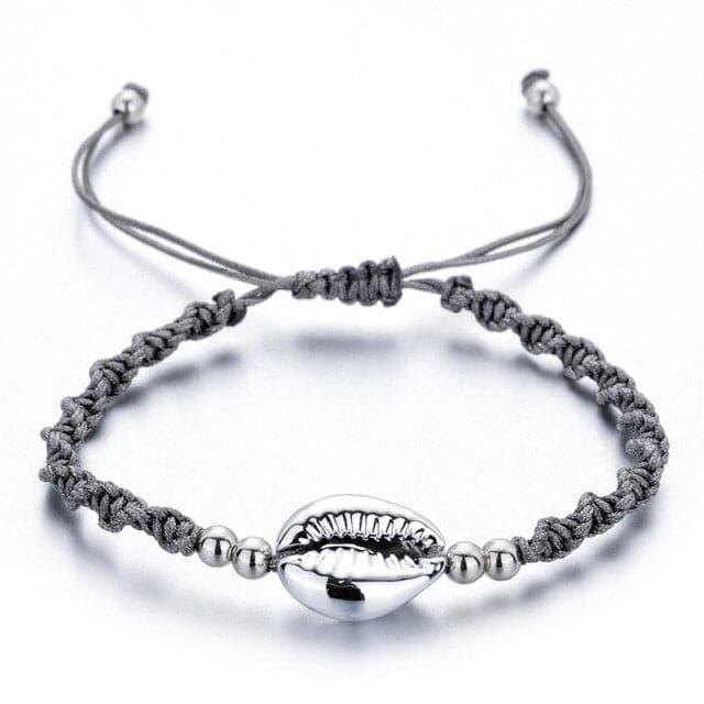 Snäckarmband Silver Kaurisnäcka Och Grå Snodd