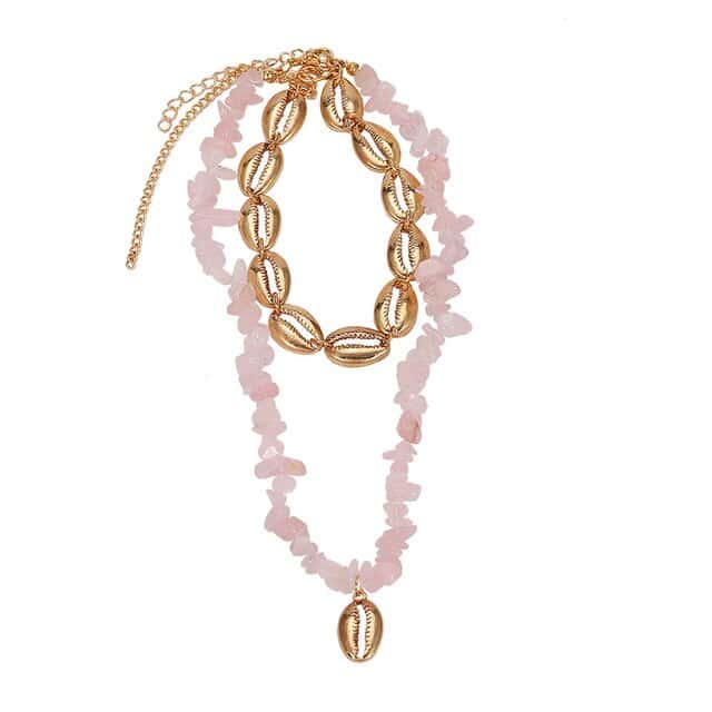Snäckhalsband Gyllene Kauris Och Rosa Pärlor