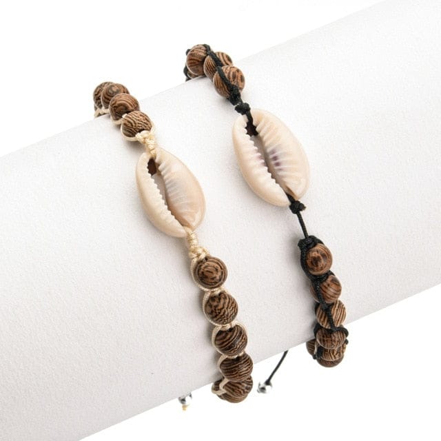 Snäckarmband Dubbla Kauri Och Träpärlor